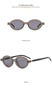 Detail of retro oval sunglasses in jelly grey frame with sleek black temple arms