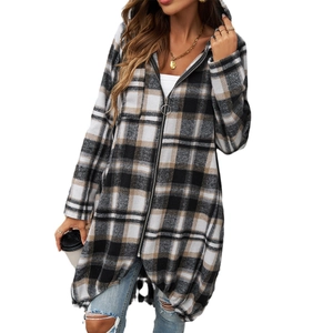 Women's casual plaid hooded jacket with long sleeves and color-block zipper design