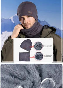 Detail of winter knitted hat and neck gaiter set with thick warm fleece lining texture