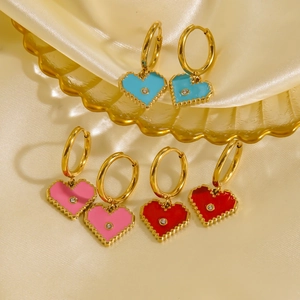 Three pairs of 14K gold-plated heart pendant earrings with colorful enamel and crystals