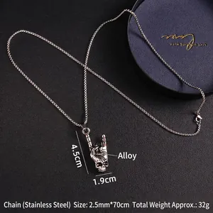 Punk style stainless steel bead chain necklace with skull rock gesture pendant design