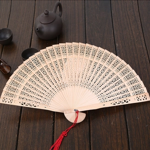 Chinese Style Folding Fan Hollow Carved Fragrant Wood Handheld Decorative Ancient Craft Souvenir Gift With Tassel