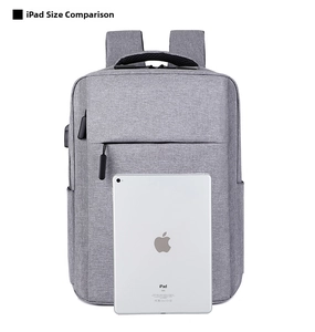Detail view of the backpack's spacious capacity compared to a standard 11-inch tablet