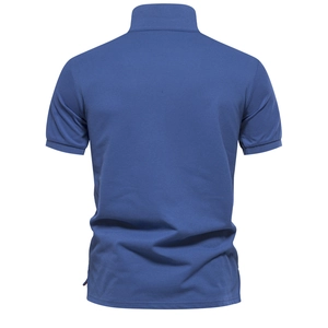 Back view of blue short sleeve polo shirt showing premium pique cotton knit texture