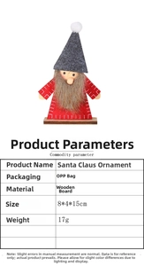 Detail view of a 15cm wooden Santa Claus ornament with felt hat and plush beard specs