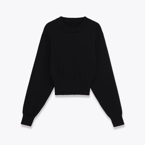 Slim fit black crew neck long sleeve knit sweater with wide ribbed cuffs and hem