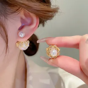 Mermaid Artificial Pearl Stud Earrings Hollow Crown Rhinestone With 925 Sterling Silver Earring Post French Elegant Jewelry Women