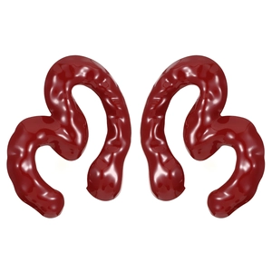 Macro detail of deep red symmetrical heart earrings with a high-gloss polished finish