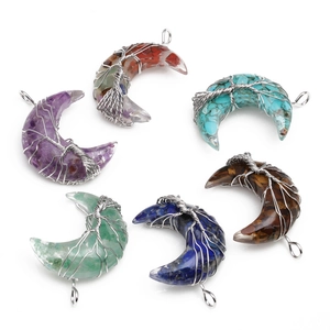 Handmade wire wrapped moon crescent necklaces with various natural crystal stones