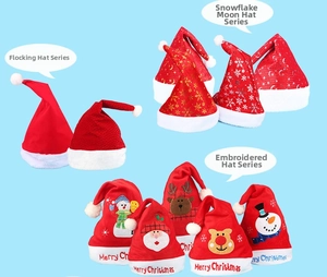 Close-up of festive Christmas hats with snowflake patterns and embroidered Santa designs