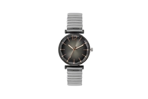 Detail of gunmetal quartz watch with rose gold markers and elastic metal band
