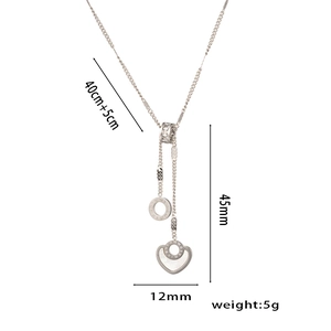 Silver Roman numeral heart pendant necklace in titanium steel with measurements