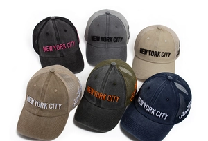 Detailed set of washed cotton trucker hats with New York City embroidery and mesh back