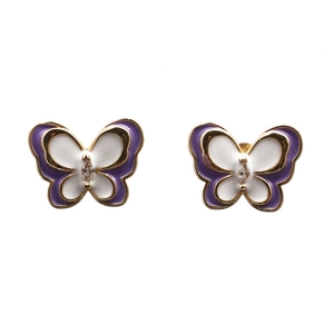 Minimalist gold butterfly earrings with purple and white enamel and marquise zircon accents