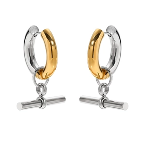 Minimalist T-bar geometric hoop earrings in polished gold and silver dual-tone finish