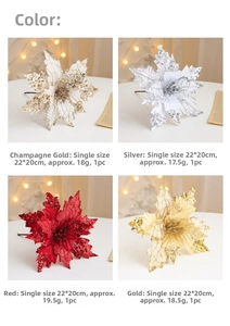 Detail view of 22cm glitter artificial poinsettia flowers in gold silver and red colors