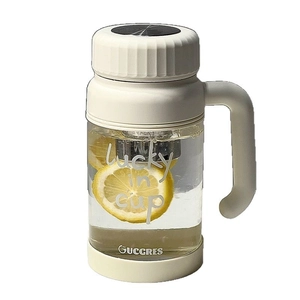Minimalist high borosilicate glass tea cup with off-white handle and stainless filter