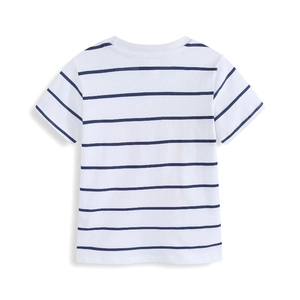 Back view of white and navy striped cotton t-shirt for girls in minimalist style