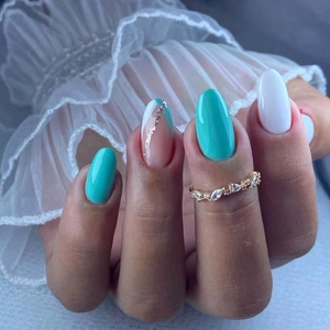 French Almond Shape Press On Nails Mint Green White Silver Glitter Glossy Artificial False Nails Full Cover For Women