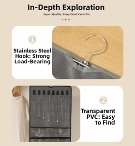 Detail of hanging jewelry organizer with stainless steel hooks and clear PVC pockets