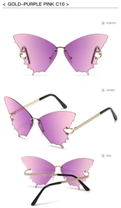 Detail of rimless butterfly sunglasses with gold-textured temples and purple-pink gradient lenses