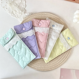 Kawaii Heart Quilted Fabric Eyeglasses Pouch With Lace Trim Sweet Portable Sunglasses Storage Bag For Women Girl