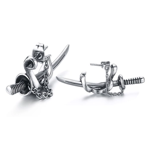 Katana Sword Stud Earrings Stainless Steel With Decorative Chain Punk Gothic Vintage Silver Jewelry For Men
