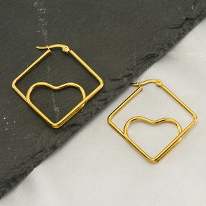 18K gold plated stainless steel square hoop earrings with internal heart charm design