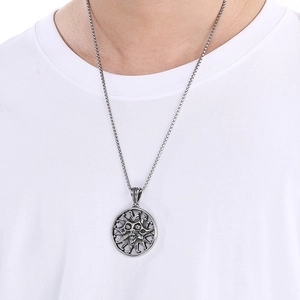 Vintage sun god pendant necklace for men in silver stainless steel with box chain