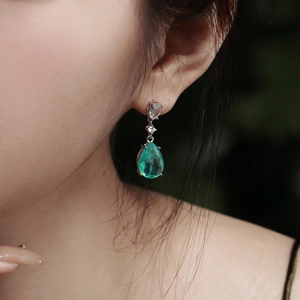 Close-up of elegant pear-cut Paraiba green gemstone earrings set in S925 sterling silver