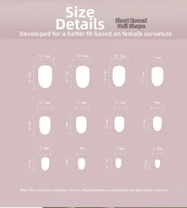 Size chart for short round press-on nails featuring 24 pieces in 12 different dimensions