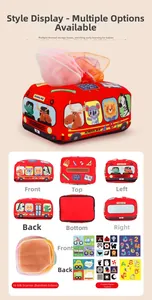 Detail view of baby tissue box toy with colorful scarves and educational cloth squares