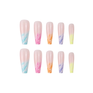 Rainbow gradient marble long ballerina press-on nails set with vibrant colorful swirls