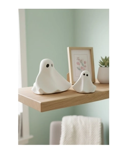 Detail van minimalistische witte keramische spookbeeldjes op een houten plankje