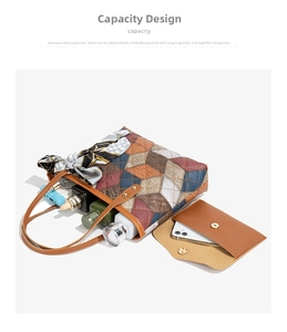 Large capacity geometric patchwork tote bag shown with interior items and scarf