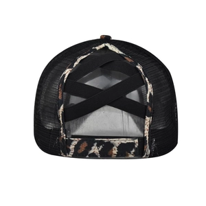 Leopard print criss cross ponytail baseball cap with breathable black mesh design