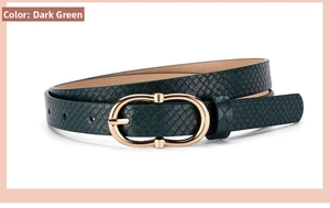 Detail of dark green snake pattern embossed leather belt with gold oval metal buckle