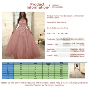 Size chart for lace wedding gown showing measurements for sizes S to 5XL in cm