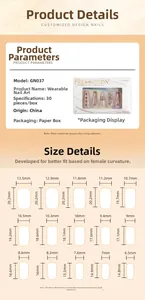 Detailed size chart for 15 press-on nail specifications with millimeter measurements