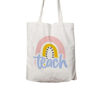 White canvas tote bag featuring a hand-drawn rainbow and Teach slogan for teachers