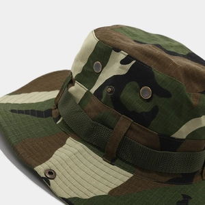 Close-up of camouflage Boonie hat featuring ripstop fabric and metal vent eyelets