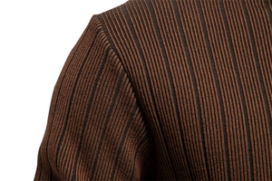 Detailed close-up of dark brown vertical ribbed knit texture on a men's fitted sweater