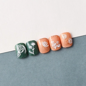 5D embossed leaf and white flower nail stickers with gold lines on dark green and pink bases