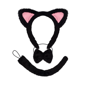 Cute plush black cat ear headband and tail set for cosplay with pink inner ear details
