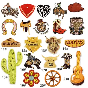 Detailed view of 21 pieces western cowboy embroidered patches including boots and cactus