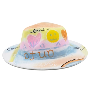 Artistic DIY graffiti wool felt wide brim fedora hat featuring colorful heart and smile patterns