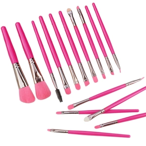 Set of 15 professional pink makeup brushes including powder, eyeshadow and brow brushes
