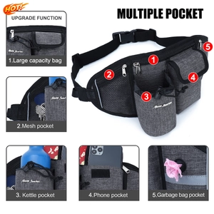Gray outdoor running waist bag detailing five storage pockets for fitness and dog walking