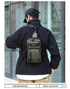 Close-up of army green tactical chest bag featuring multi-pocket design and nylon texture