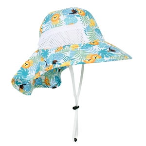 Detail of kids sun hat with neck flap, breathable mesh, and cartoon lion prints